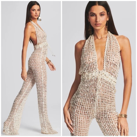 Retrofete Pants - NWT Retrofête TOSCA SEQUIN CROCHET JUMPSUIT Ivory Gold SZ M/L
